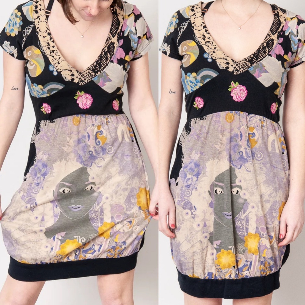 Desigual Y2K Floral Mini Dress Womens Size Large Pockets V-Neck Art Deco 11V2110